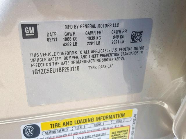 1G1ZC5EU1BF290118 - 2011 CHEVROLET MALIBU 1LT 金色 照片 10