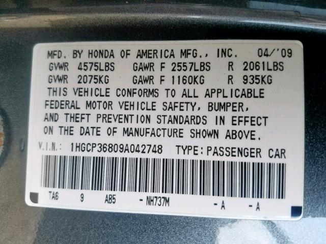 1HGCP36809A042748 - 2009 HONDA ACCORD EXL GRAY photo 10