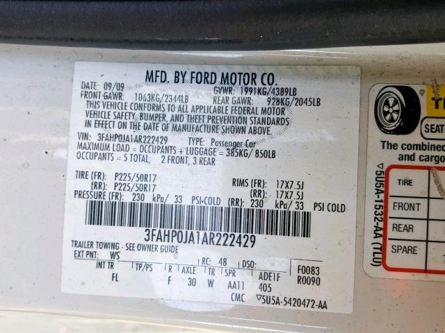 3FAHP0JA1AR222429 - 2010 FORD FUSION SEL WHITE photo 10