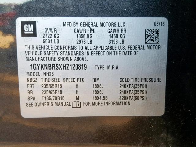 1GYKNBRSXHZ120819 - 2017 CADILLAC XT5 LUXURY GRAY photo 10