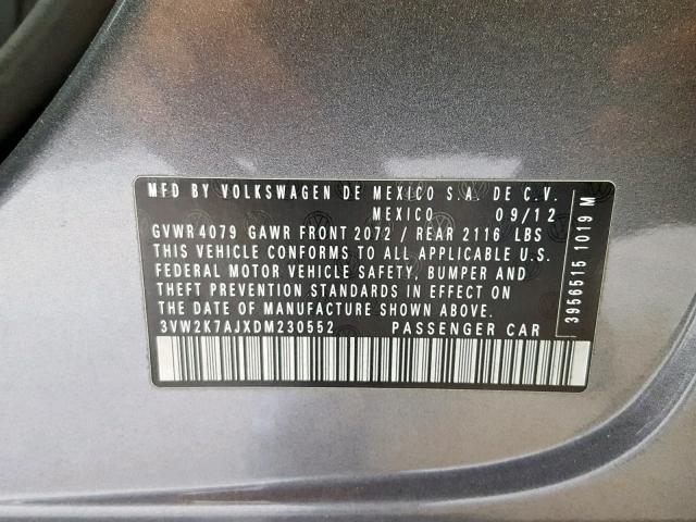 3VW2K7AJXDM230552 - 2013 VOLKSWAGEN JETTA BASE 灰色 照片 10