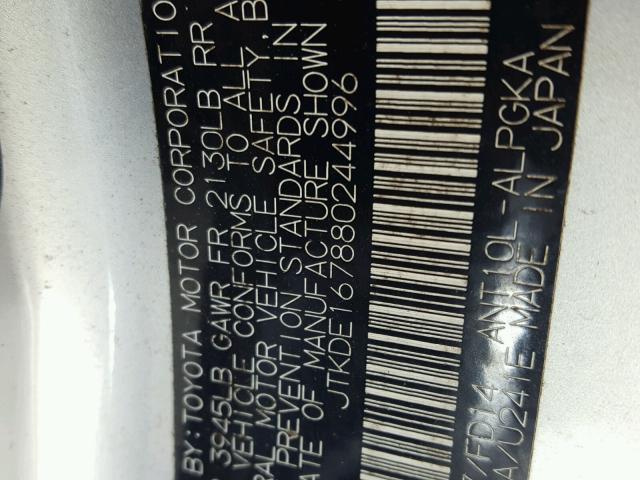 JTKDE167880244996 - 2008 TOYOTA SCION TC 银色 照片 10