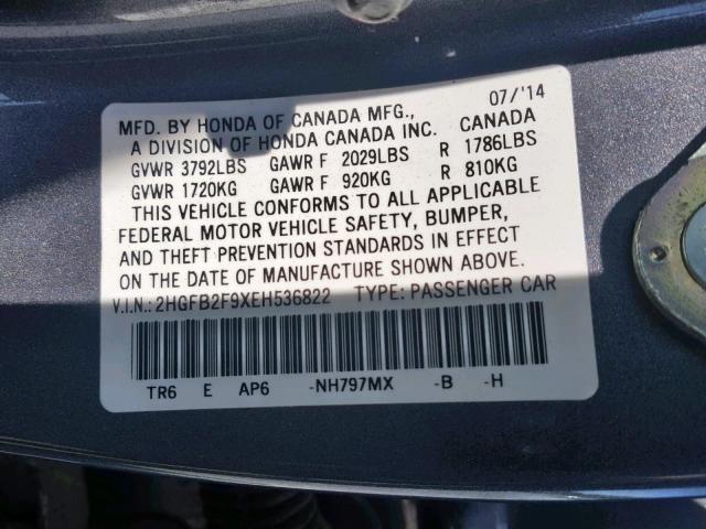 2HGFB2F9XEH536822 - 2014 HONDA CIVIC EXL 灰色 照片 10