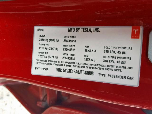 5YJ3E1EA5JF048098 - 2018 TESLA MODEL 3 RED photo 10