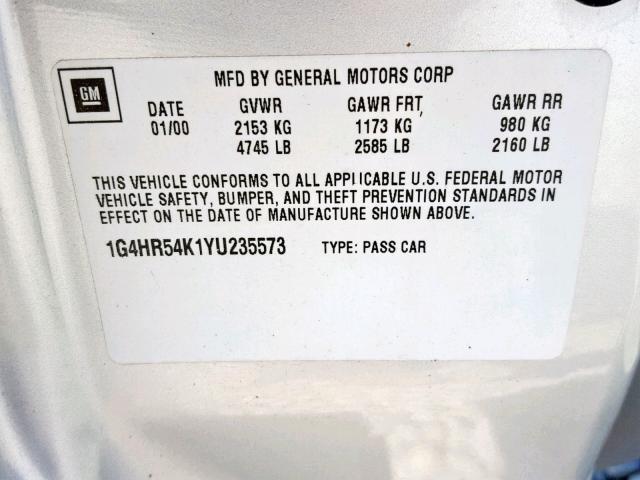 1G4HR54K1YU235573 - 2000 BUICK LESABRE LI SILVER photo 10