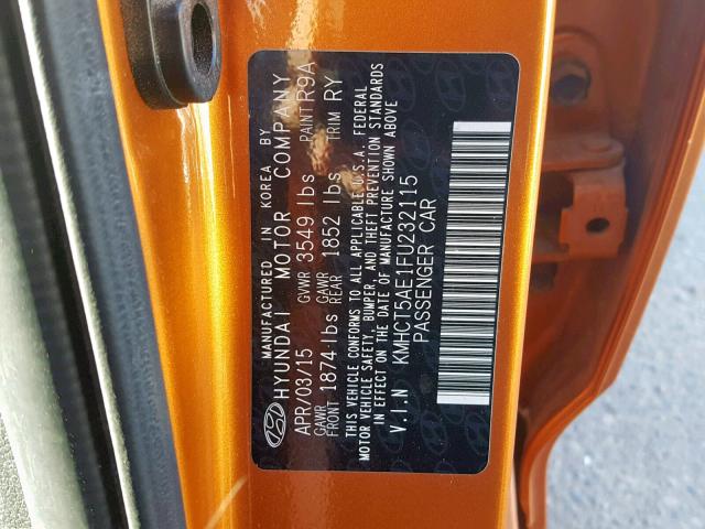 KMHCT5AE1FU232115 - 2015 HYUNDAI ACCENT GS ORANGE photo 10