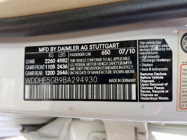 WDDHF5GB9BA294930 - 2011 MERCEDES-BENZ E 350 WHITE photo 10