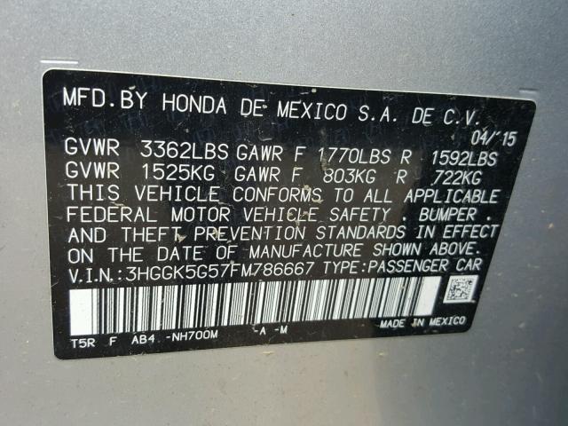 3HGGK5G57FM786667 - 2015 HONDA FIT LX SILVER photo 10