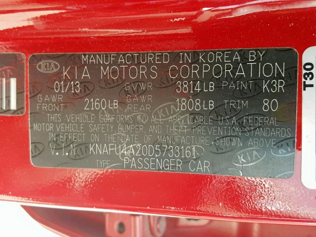 KNAFU4A20D5733161 - 2013 KIA FORTE EX RED photo 10