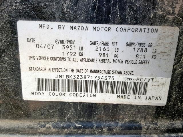 JM1BK323871754375 - 2007 MAZDA 3 S BLACK photo 10