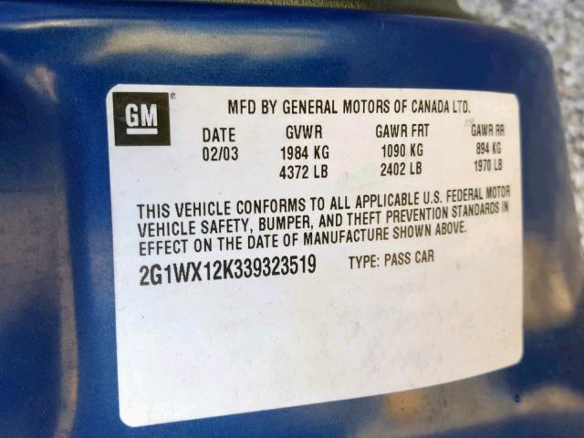 2G1WX12K339323519 - 2003 CHEVROLET MONTE CARL BLUE photo 10