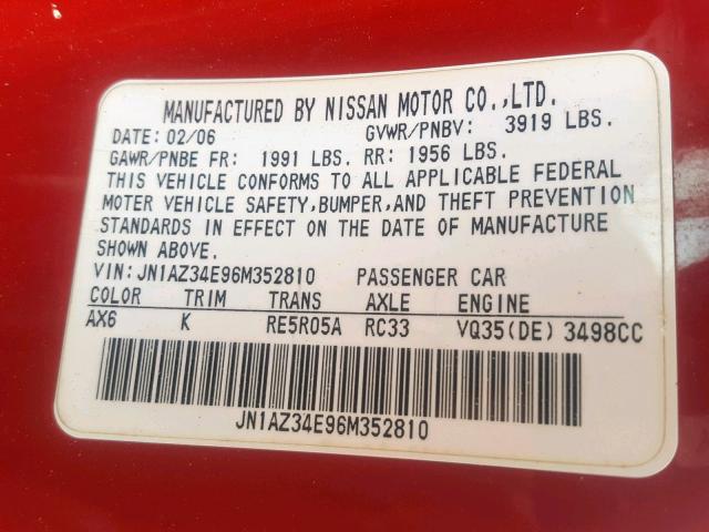 JN1AZ34E96M352810 - 2006 NISSAN 350Z COUPE RED photo 10