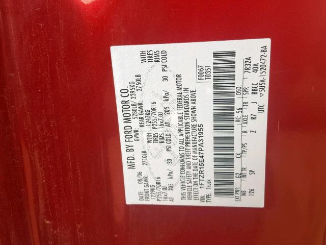 1FTZR15E47PA31955 - 2007 FORD RANGER SUP RED photo 10