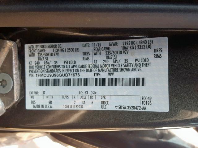 1FMCU9J98GUB71676 - 2016 FORD ESCAPE TIT BLACK photo 10