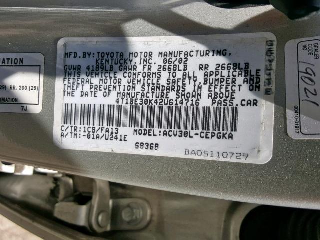 4T1BE30K42U614716 - 2002 TOYOTA CAMRY LE SILVER photo 10