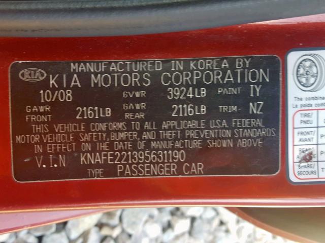 KNAFE221395631190 - 2009 KIA SPECTRA EX RED photo 10