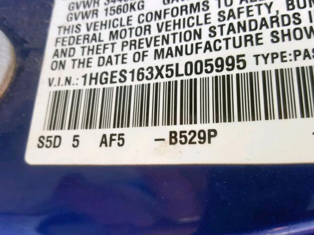 1HGES163X5L005995 - 2005 HONDA CIVIC DX V BLUE photo 10