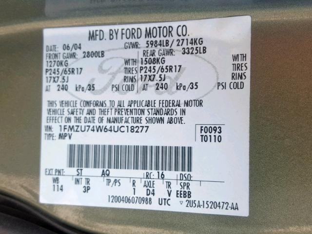 1FMZU74W64UC18277 - 2004 FORD EXPLORER E GREEN photo 10