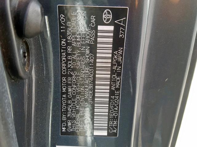 JTKDE3B74A0311407 - 2010 TOYOTA SCION TC ნაცრისფერი ფოტო 10