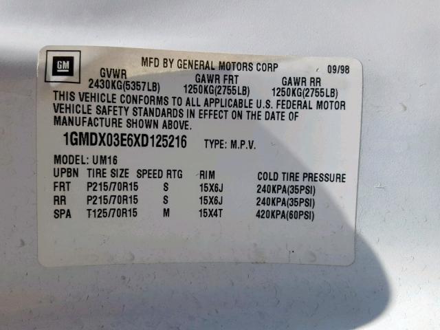 1GMDX03E6XD125216 - 1999 PONTIAC MONTANA / WHITE photo 10