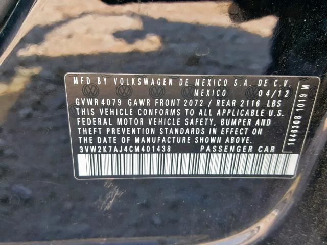 3VW2K7AJ4CM401438 - 2012 VOLKSWAGEN JETTA BASE Սև լուսանկար 10