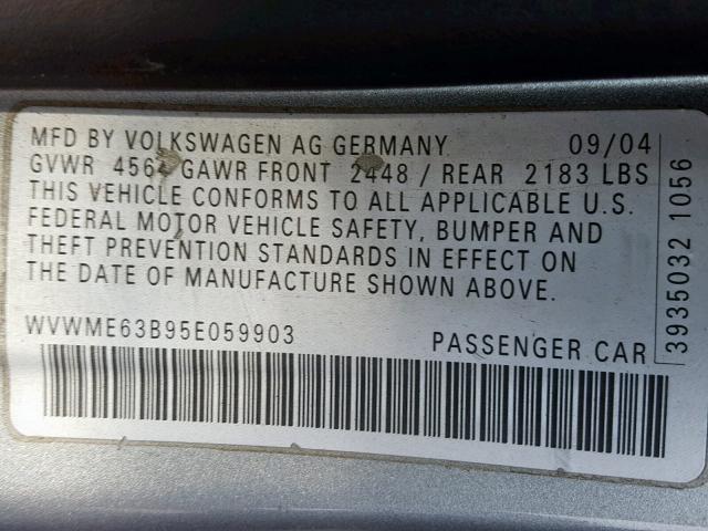 WVWME63B95E059903 - 2005 VOLKSWAGEN PASSAT GL SILVER photo 10