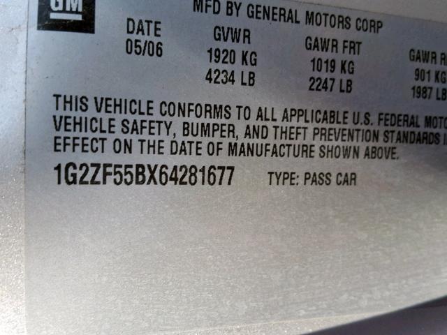 1G2ZF55BX64281677 - 2006 PONTIAC G6 SE SILVER photo 10