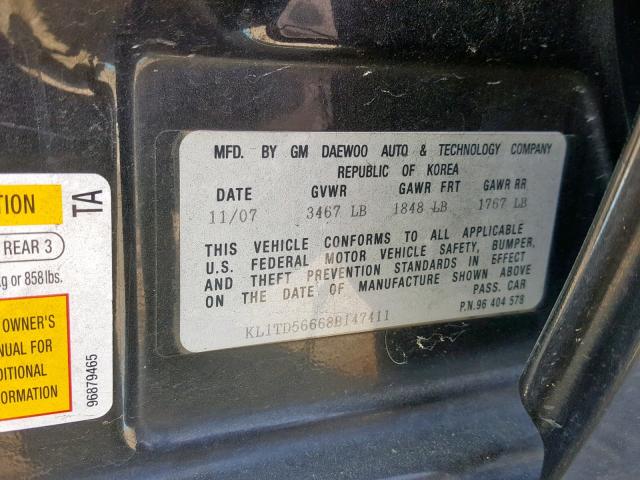 KL1TD56668B147411 - 2008 CHEVROLET AVEO BASE შავი ფოტო 10