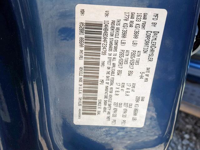 1D4HB48D04F234799 - 2004 DODGE DURANGO SL BLUE photo 10