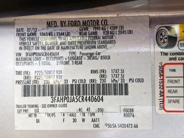 3FAHP0JA5CR440604 - 2012 FORD FUSION SEL GRAY photo 10