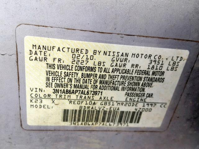 3N1AB6AP7AL673971 - 2010 NISSAN SENTRA 2.0 SILVER photo 10