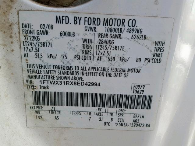 1FTWX31RX8ED42994 - 2008 FORD F350 SRW S WHITE photo 10