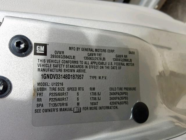 1GNDV33148D187957 - 2008 CHEVROLET UPLANDER L 银色 照片 10