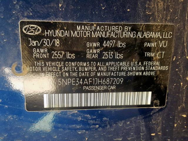 5NPE34AF1JH687209 - 2018 HYUNDAI SONATA SPO BLUE photo 10