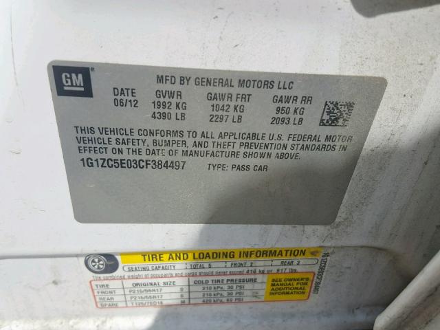 1G1ZC5E03CF384497 - 2012 CHEVROLET MALIBU 1LT 白色 照片 10