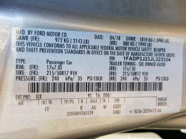 1FADP3J23JL323334 - 2018 FORD FOCUS TITA SILVER photo 10