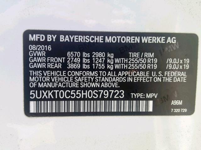 5UXKT0C55H0S79723 - 2017 BMW X5 XDR40E WHITE photo 10