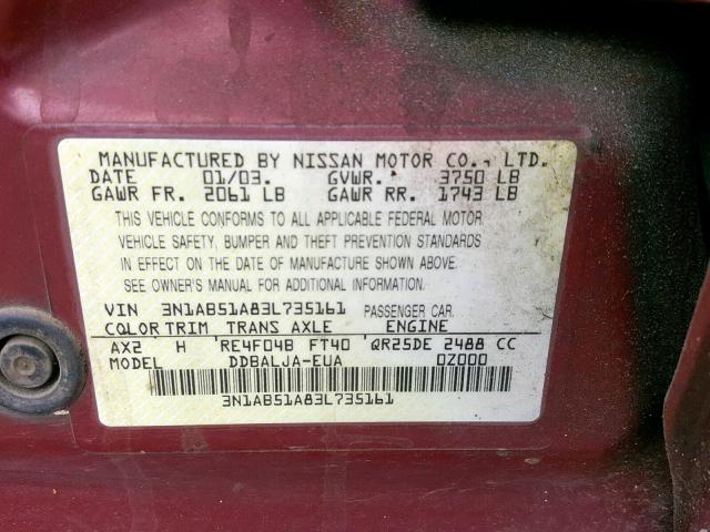 3N1AB51A83L735161 - 2003 NISSAN SENTRA SE- RED photo 10