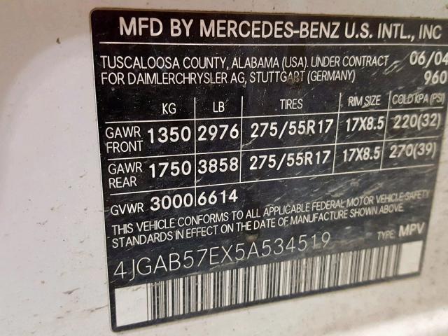 4JGAB57EX5A534519 - 2005 MERCEDES-BENZ ML 350 WHITE photo 10