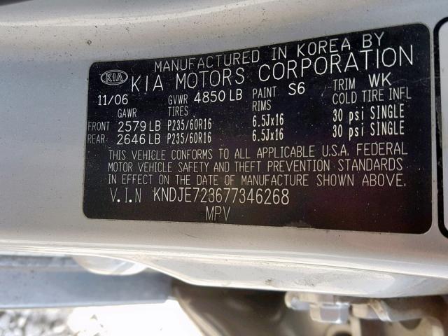 KNDJE723677346268 - 2007 KIA SPORTAGE E SILVER photo 10