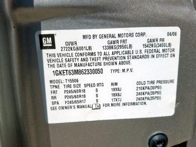 1GKET63M862330050 - 2006 GMC ENVOY DENA SILVER photo 10