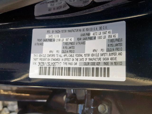 3MZBN1V39JM267717 - 2018 MAZDA 3 TOURING BLUE photo 10