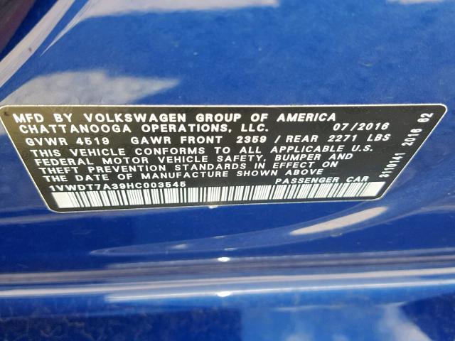 1VWDT7A39HC003545 - 2017 VOLKSWAGEN PASSAT R-L BLUE photo 10