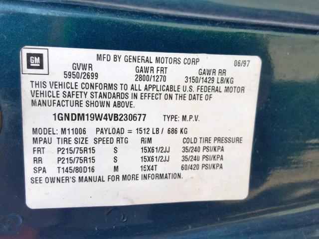 1GNDM19W4VB230677 - 1997 CHEVROLET ASTRO GREEN photo 10