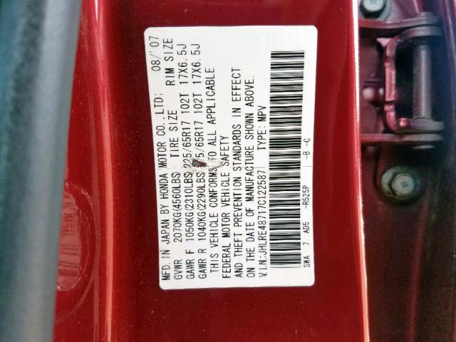 JHLRE48717C122587 - 2007 HONDA CR-V EXL RED photo 10