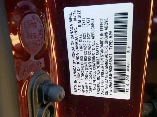 2HKRM4H70GH652411 - 2016 HONDA CR-V EXL BURGUNDY photo 10