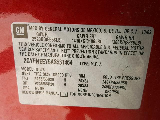 3GYFNEEY5AS531464 - 2010 CADILLAC SRX PERFOR RED photo 10