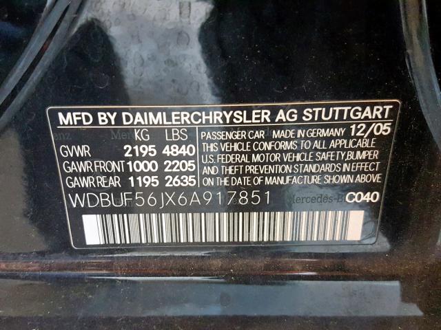 WDBUF56JX6A917851 - 2006 MERCEDES-BENZ E 350 BLACK photo 10