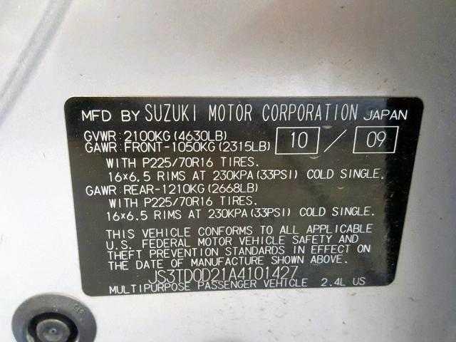 JS3TD0D21A4101427 - 2010 SUZUKI GRAND VITA SILVER photo 10