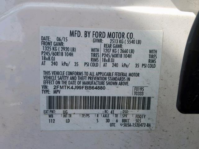 2FMTK4J99FBB64880 - 2015 FORD EDGE SEL WHITE photo 10